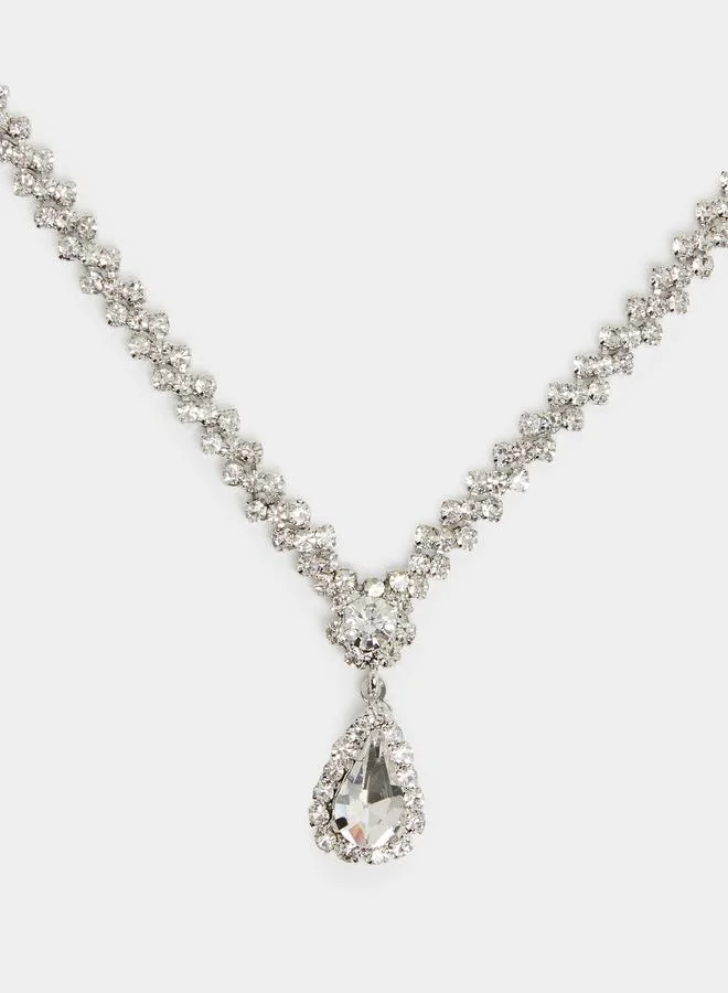 Styli  Set of 2 - Silver Crystal Embellished Necklace and Earrings for Women | Best Price UAE